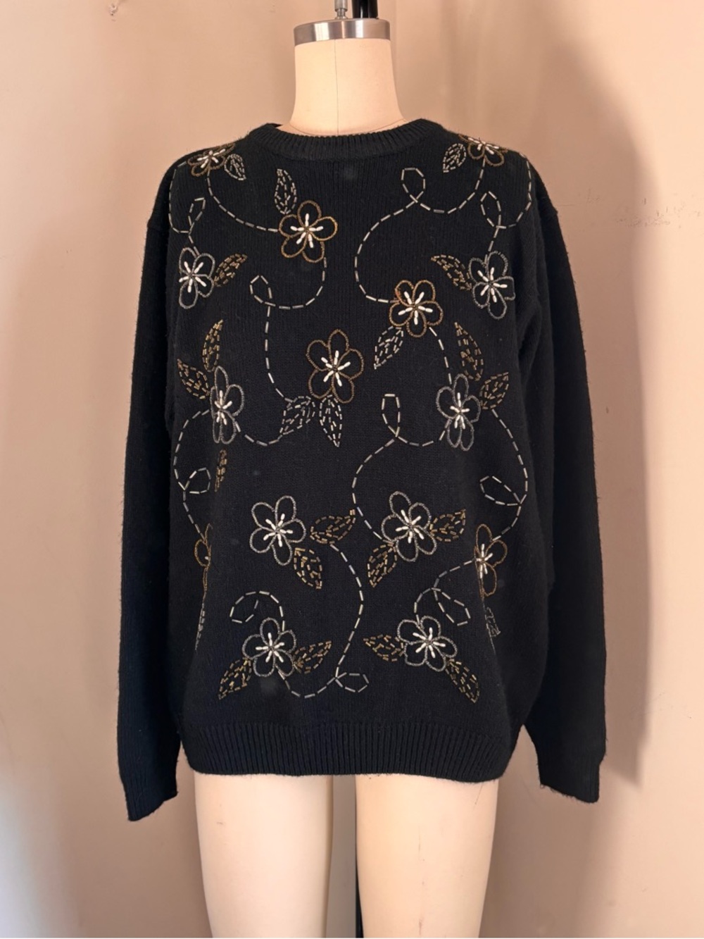 Vintage Black Floral Beaded Embroidered Women’s Sweater